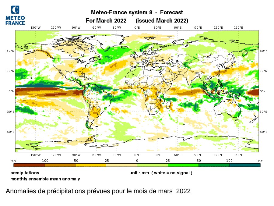 Anomalies de précipitations prévues en mars 2022