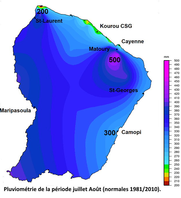 Carte de la pluviométrie en Guyane sur les mois de juillet et Août