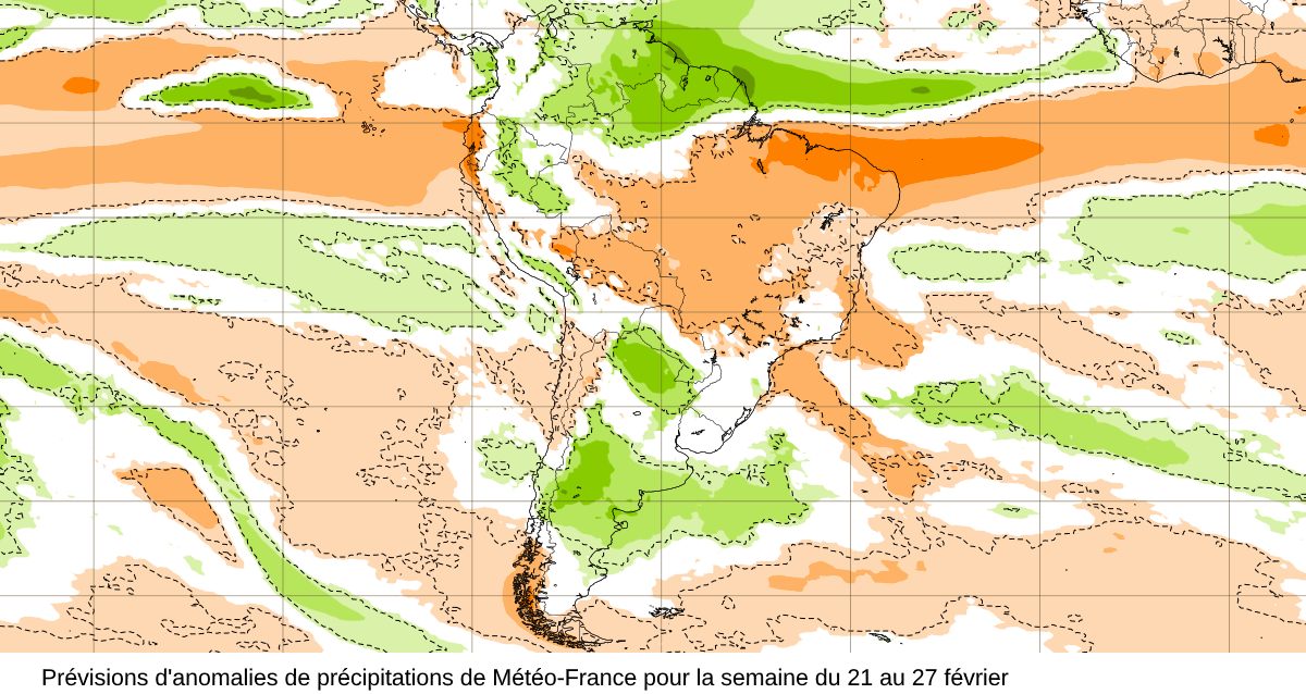 Anomalies de précipitations prévues par Météo-France pour la semaine du 21 au 27 févirer