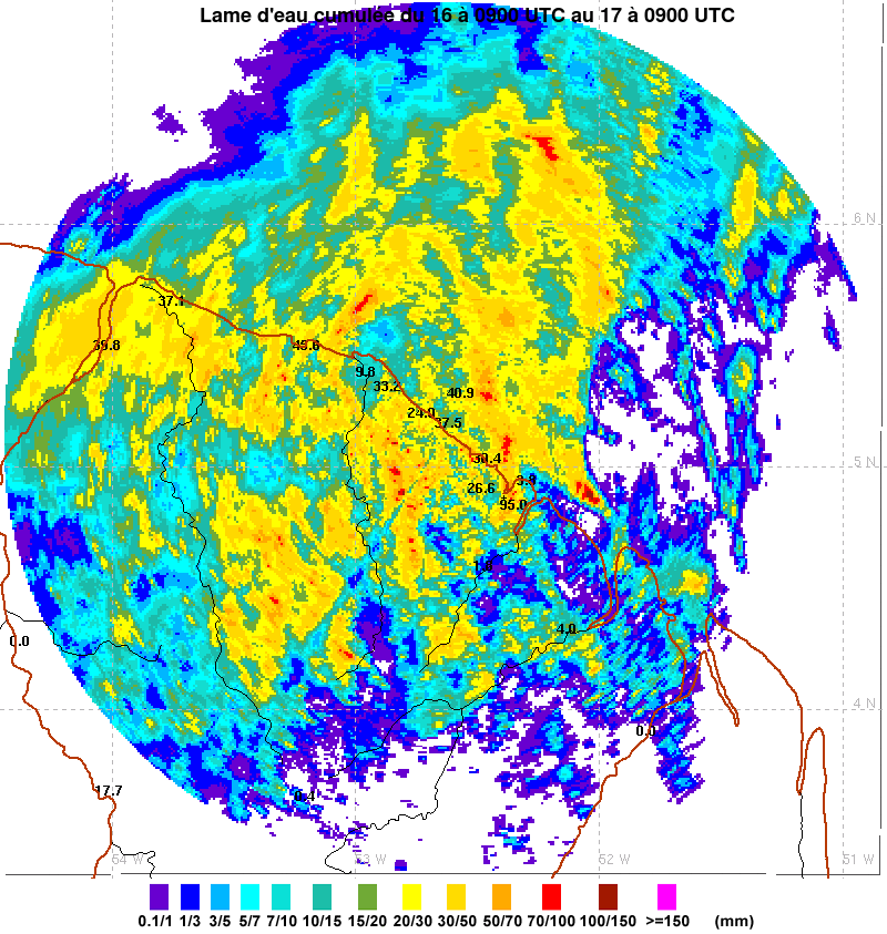 Estimation radar des cumuls de pluies sur  24 heures et cumuls de pluies observés sur les postes climatologiques entre le  16 septembre 2020 à 06 heures et  le  17 septembre 2020 à 06 heures.