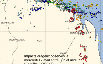 La très forte activité orageuse du 17 avril 2024  en matinée (impacts de foudre mesurés par le satellite GOES16)