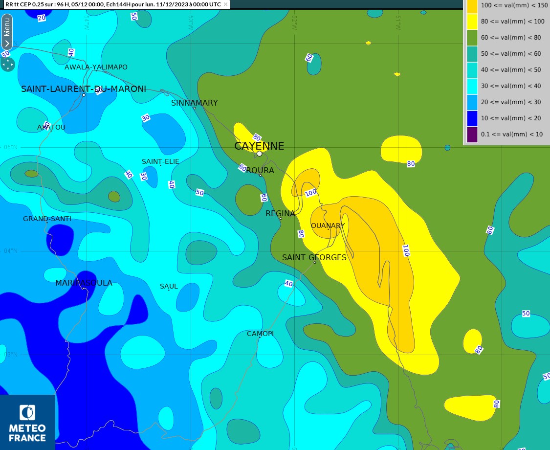 Cumuls pluvieux prévus sur  4 jours de jeudi 7 décembre  à dimanche 10 décembre par le modèle du centre Européen de Prévisions