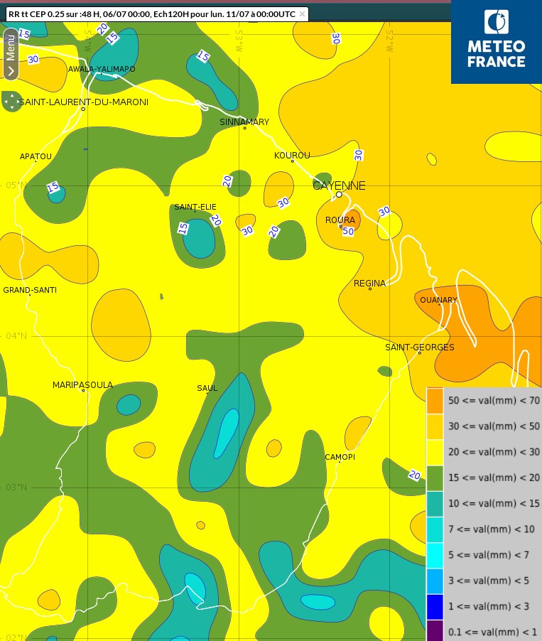Cumuls de pluies prévus de samedi à dimanche
