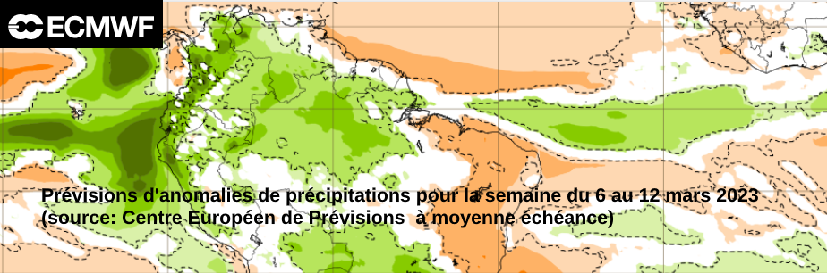 Prévisions d'anomalies de précipitations pour la semaine du lundi 6 au dimanche  12 mars 2023