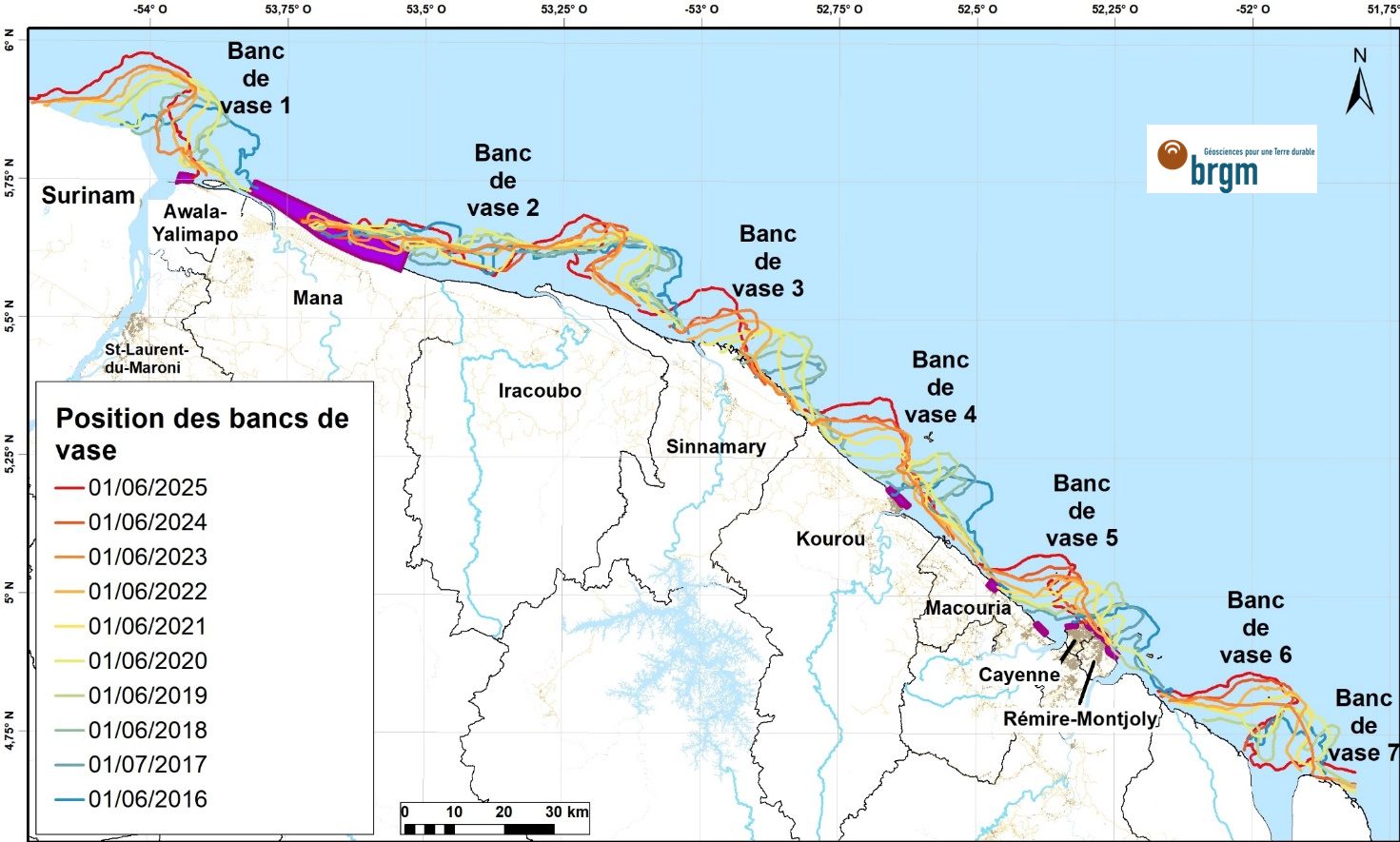 Déplacement des bancs de vase le long des côtes de Guyane entre 2016 et 2025