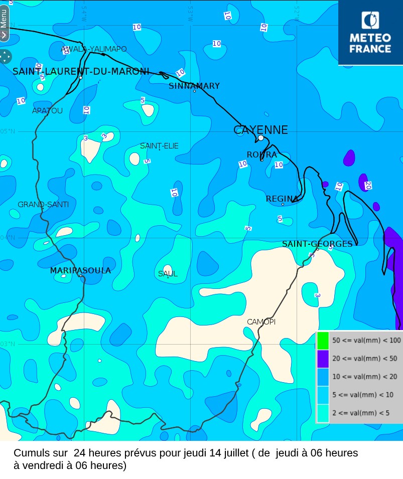 Cumuls prévus pour jeudi  14 juillet