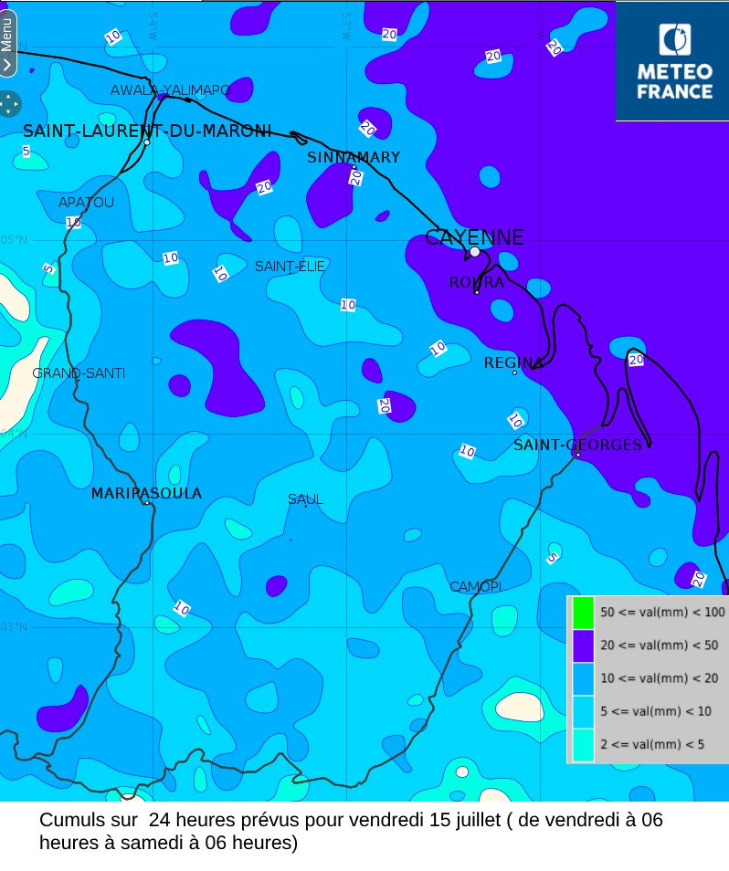 Cumuls de pluies prévus pour vendredi 15 juillet