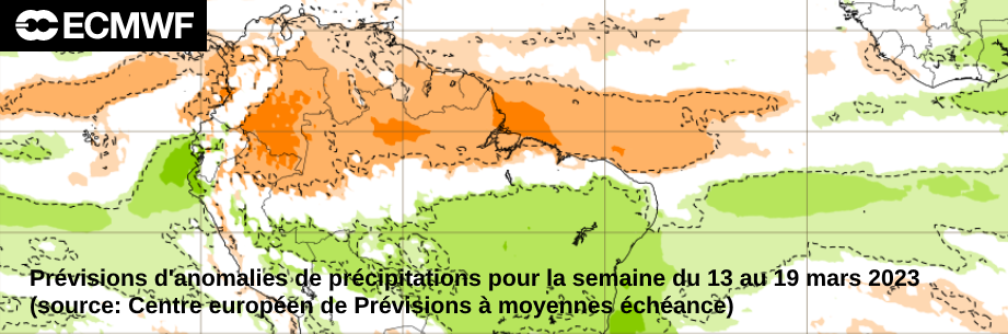 Prévisiosn d'anomalies de précipitations pour la semaine du lundi 13 au dimanche  19 mars 2023