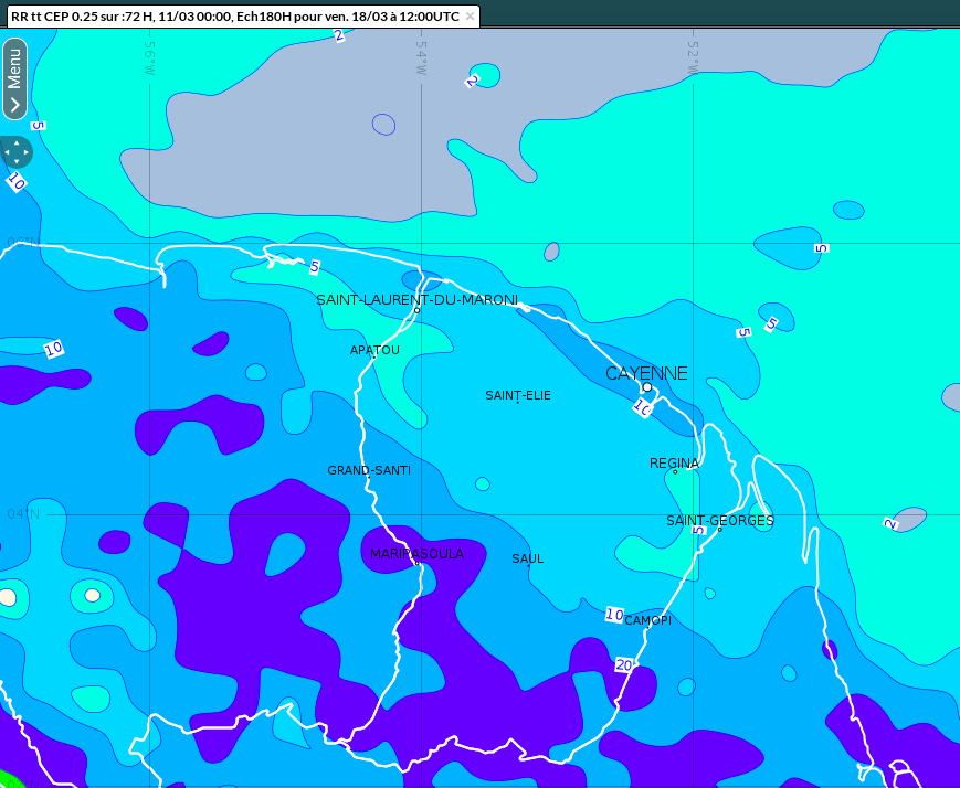 Cumuls de pluies prévus entre mardi 15 mars et vendredi 15 mars 