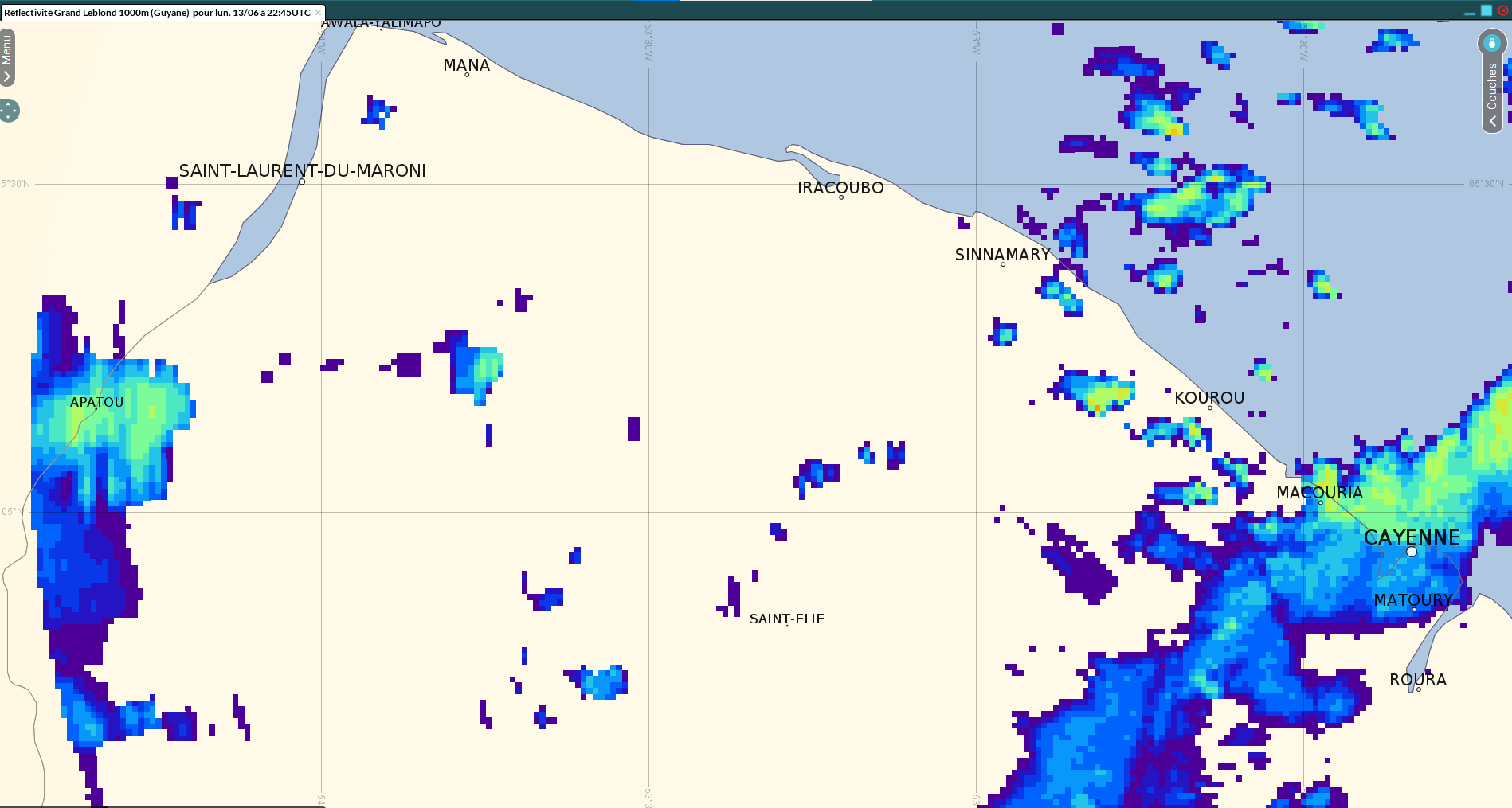 Image radar au moment de la plus forte intensité pluvieuse  à  Apatou