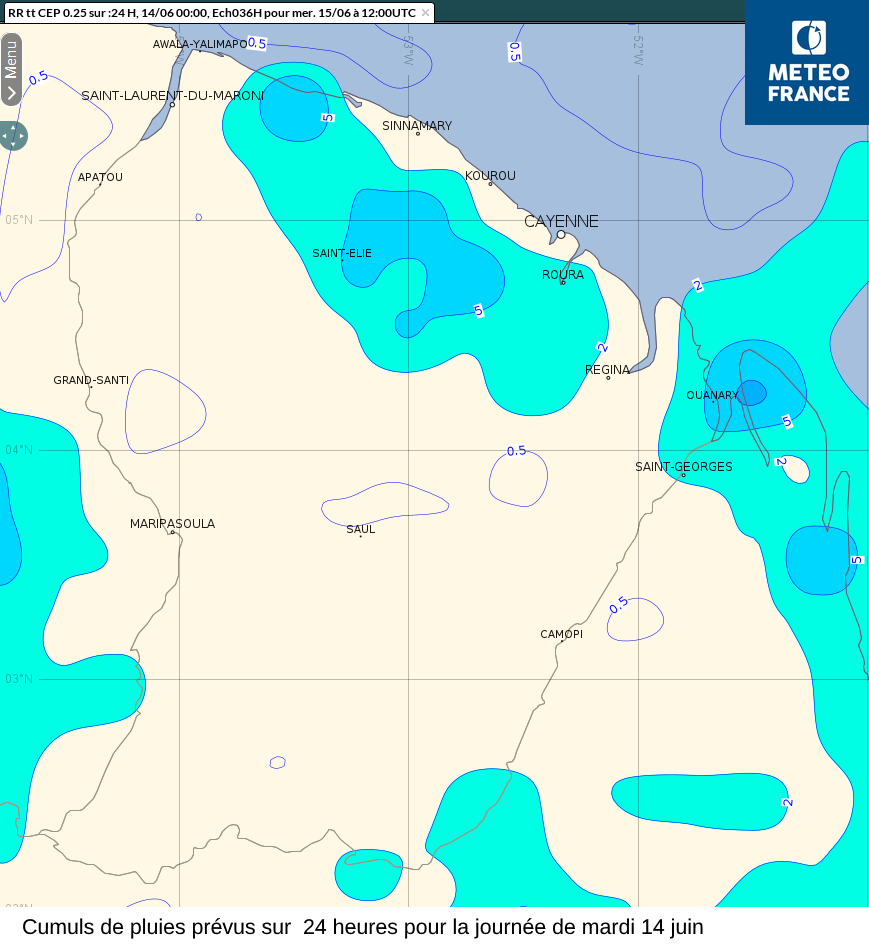 Cumuls de pluies prévus sur  24 heures couvrant la journée de mardi 14 juin