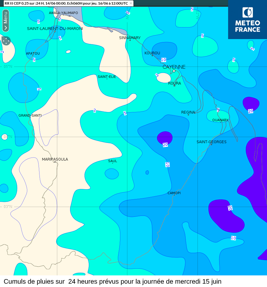 Cumuls de pluies prévus sur  24 heures couvrant la journée de mercredi 15 juin