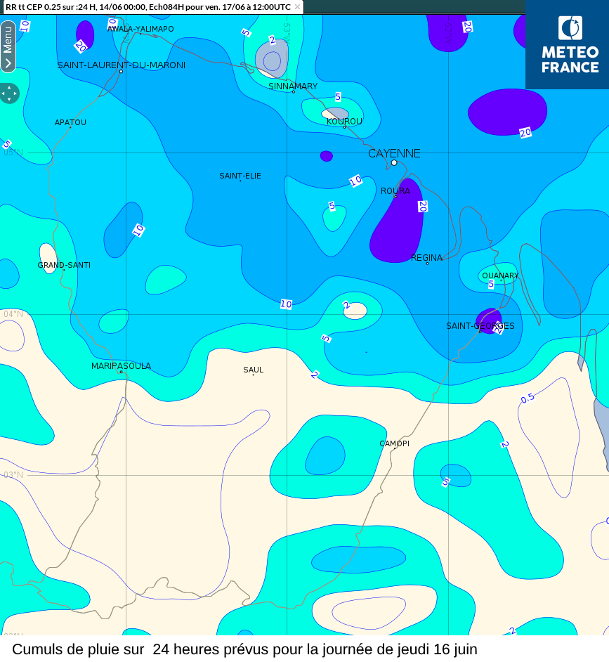 ​​Cumuls de pluies prévus sur 24 heures couvrant la journée de jeudi 16 juin  ​