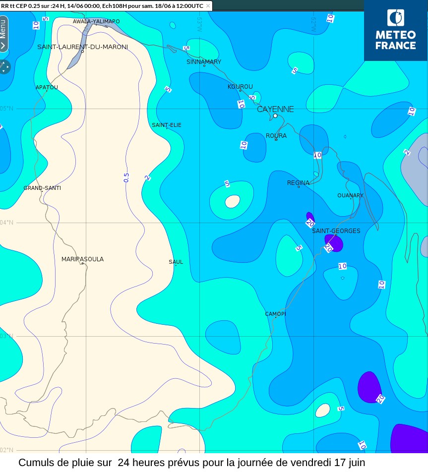 Cumuls de pluies prévus sur  24 heures couvrant la journée de vendredi 17 juin4 juin