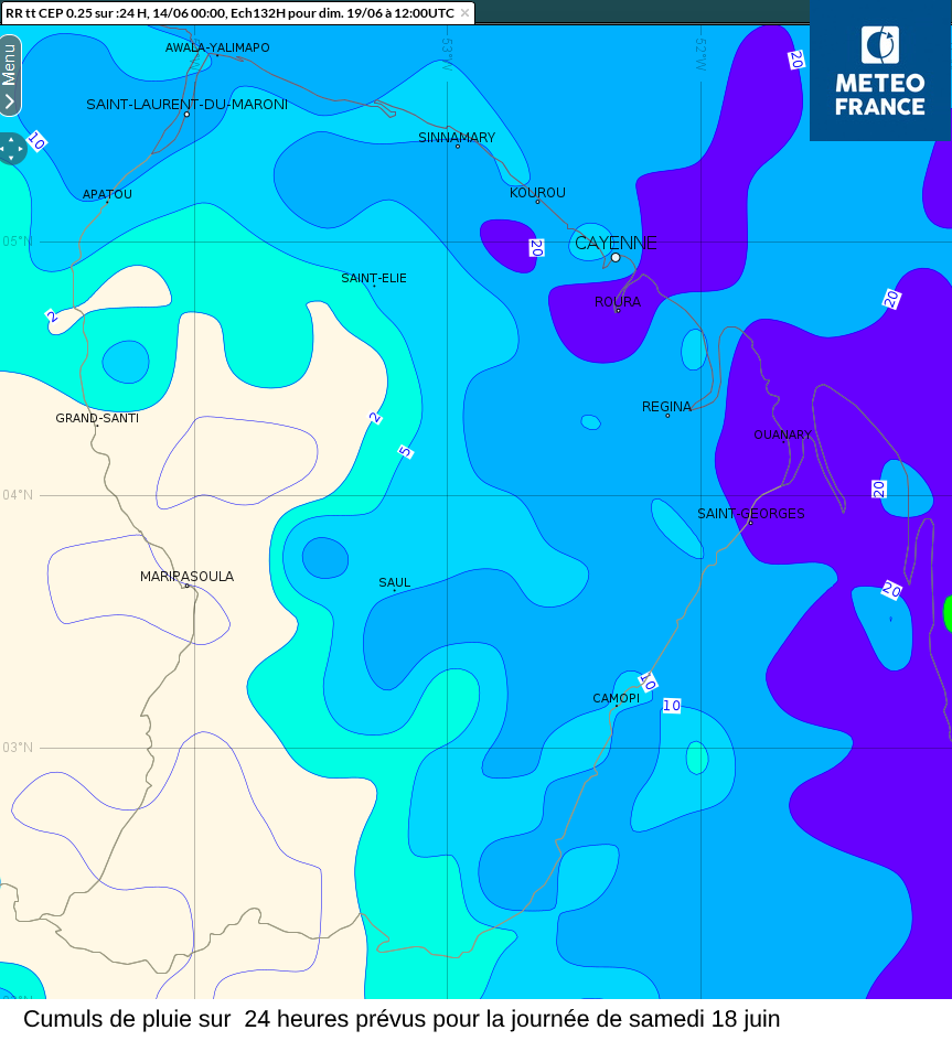 ​​Cumuls de pluies prévus sur 24 heures couvrant la journée de samedi 18 juin ​