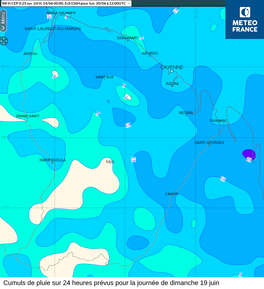 ​​Cumuls de pluies prévus sur 24 heures couvrant la journée de dimanche 19 juin ​