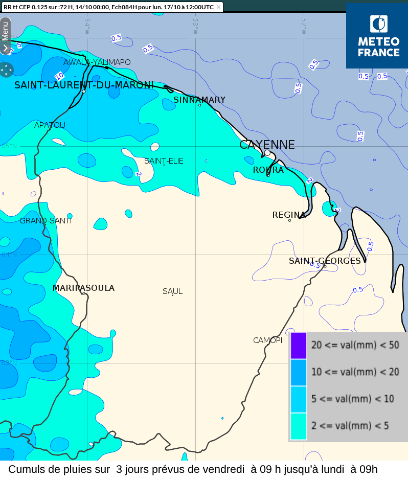 ​Cumuls de pluies prévus sur l'ensemble du week-end de vendredi à 09 heures à lundi à 09 heures ​