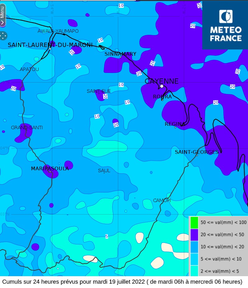 Cumuls de pluies sur  24 heures prévus pour mardi 19 juillet (de mardi à 06 heures à mercredi  à 06 heures)