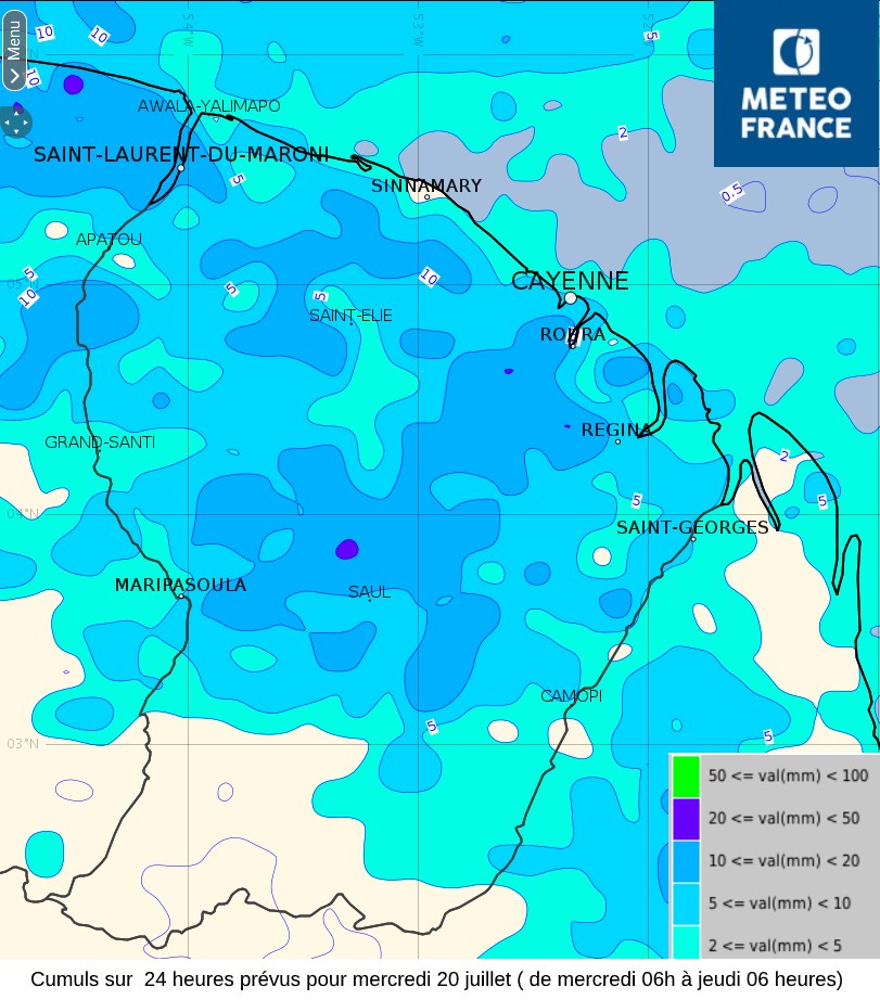 Cumuls de pluies sur  24 heures prévus pour mercredi 20 juillet (de mercredi à 06 heures à jeudi  à 06 heures)