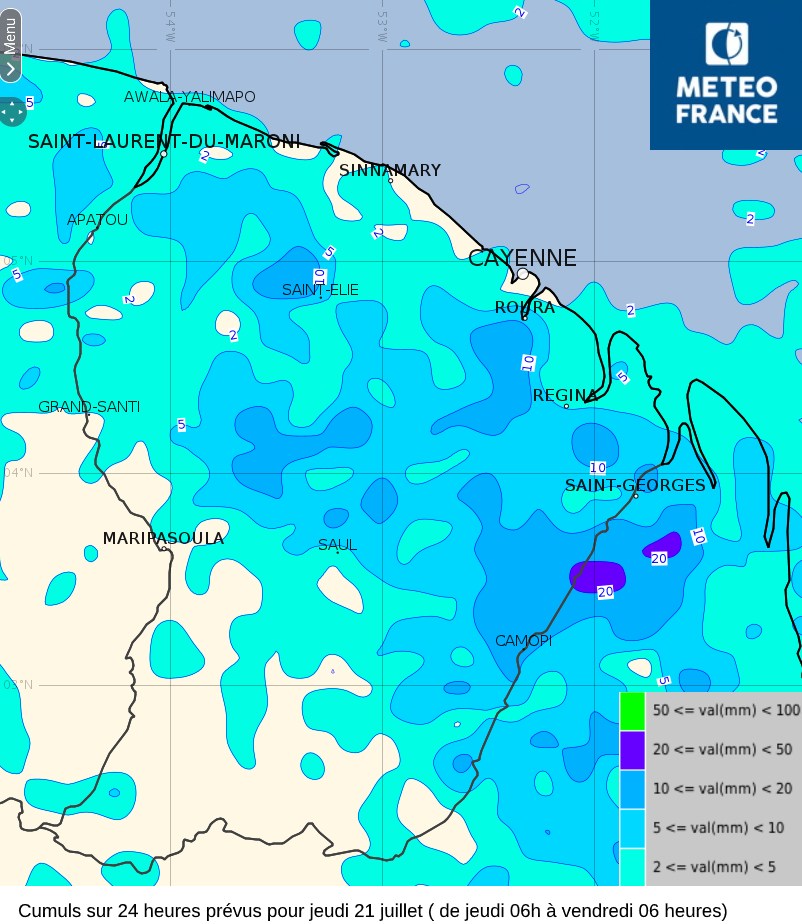 Cumuls de pluies sur 24 heures prévus pour jeudi 21 juillet de jeudi à 06 heures à vendredi 06 heures)