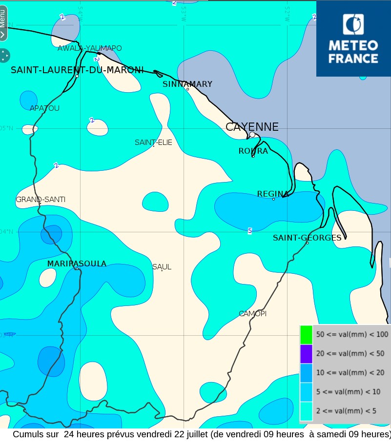 Cumuls de pluies sur  24 heures  prévus pour vendredi 22 juillet ( de vendredi à 09 heures à samedi à 09 heures)
