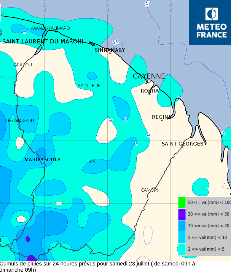 Cumuls de pluies sur  24 heures prévus pour samedi 23 juillet (de samedi à 09 heures à dimanche  à 09 heures