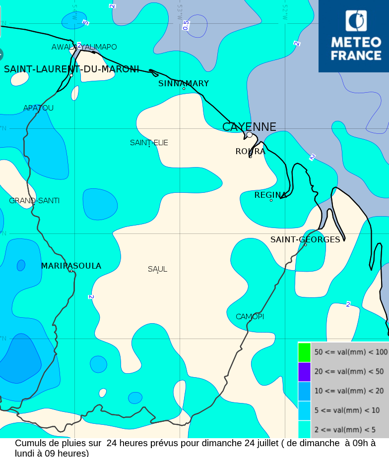 Cumuls de pluies sur  24 heures prévus pour dimanche 24 juillet (de dimanche 09 heures  à  lundi 09 heures)