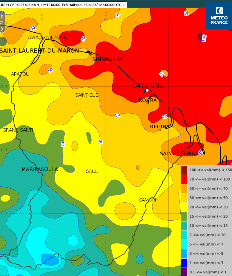 Cumuls de pluies prévus sur 48 heures de samedi 24 à dimanche 25 décembre.