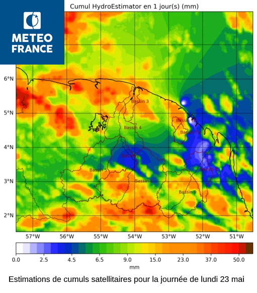 Estimations satellitaires de cumuls de pluies pour le lundi 23 mai 2022 