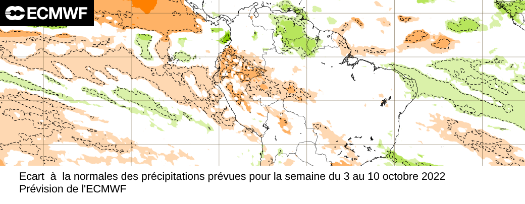 Prévisions d'écart  à  la normales des précipitations pour la semaine du 3 au 10octobre 2022