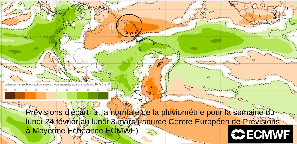 Prévisions d'écart à la normale de la pluviométrie pour la semaine du 24 février au 3 mars (source prévision d'ensemble du Centre Européen de Prévisions)