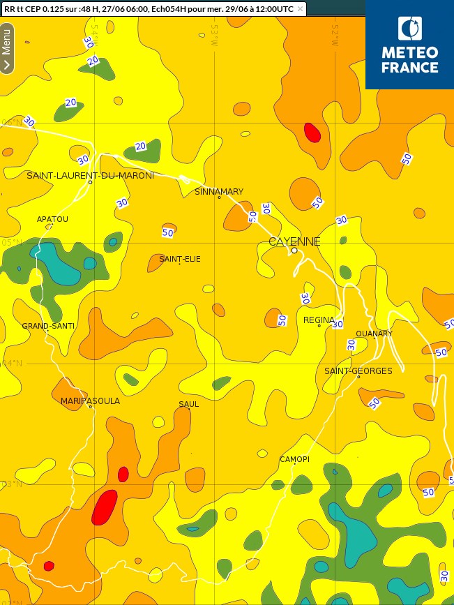 Cumuls de pluies prévus sur  48 heures entre lundi et mardi.