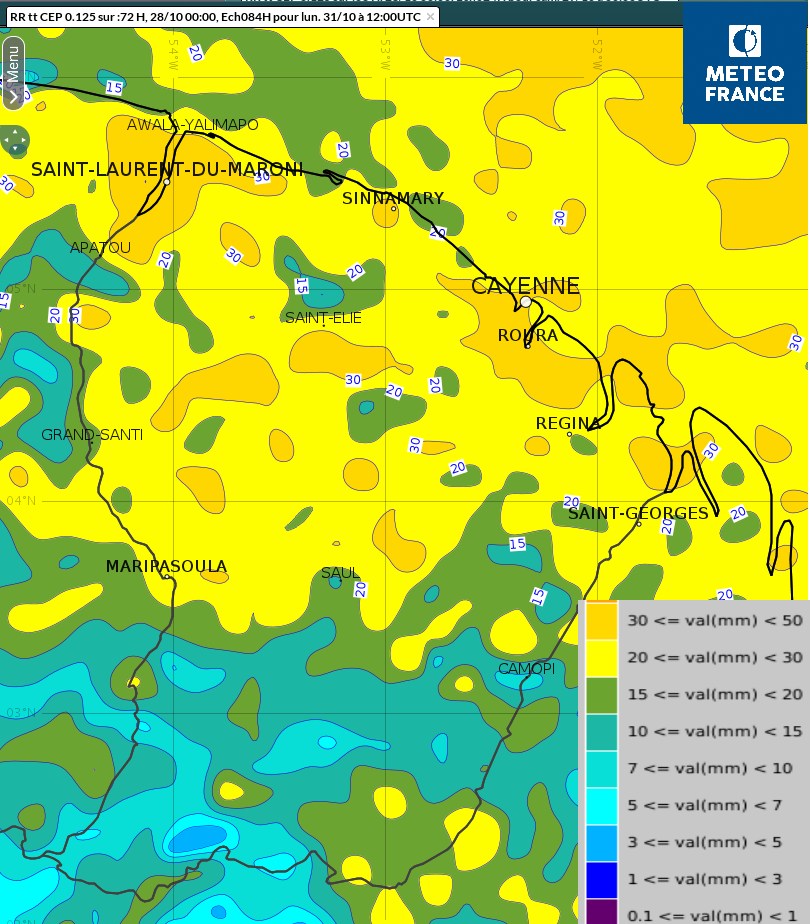 Total des cumuls de pluies prévus entre vendredi matin et lundi matin
