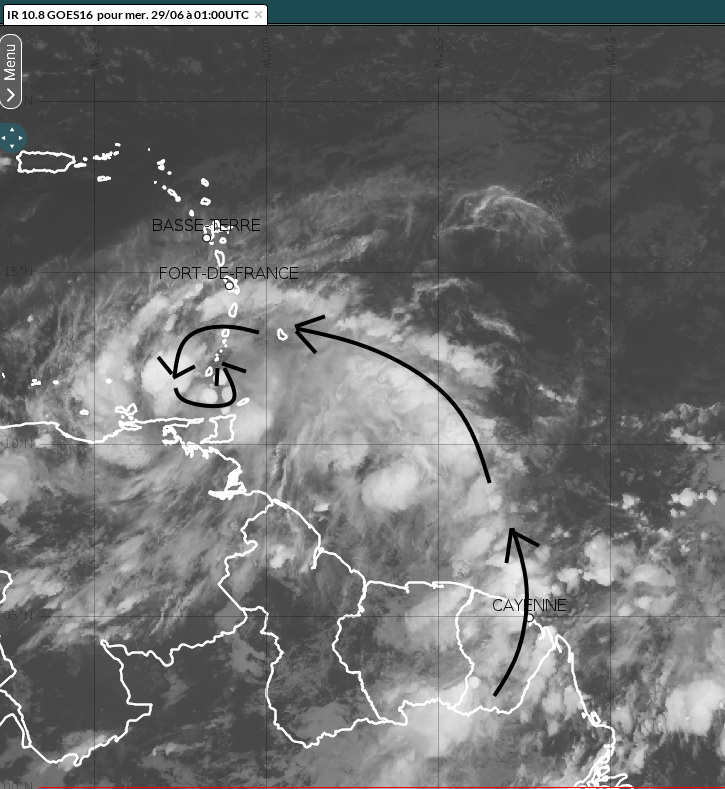 Image de cette nuit montrant les remontées orageuses qui s'organisent dans le flux de sud
