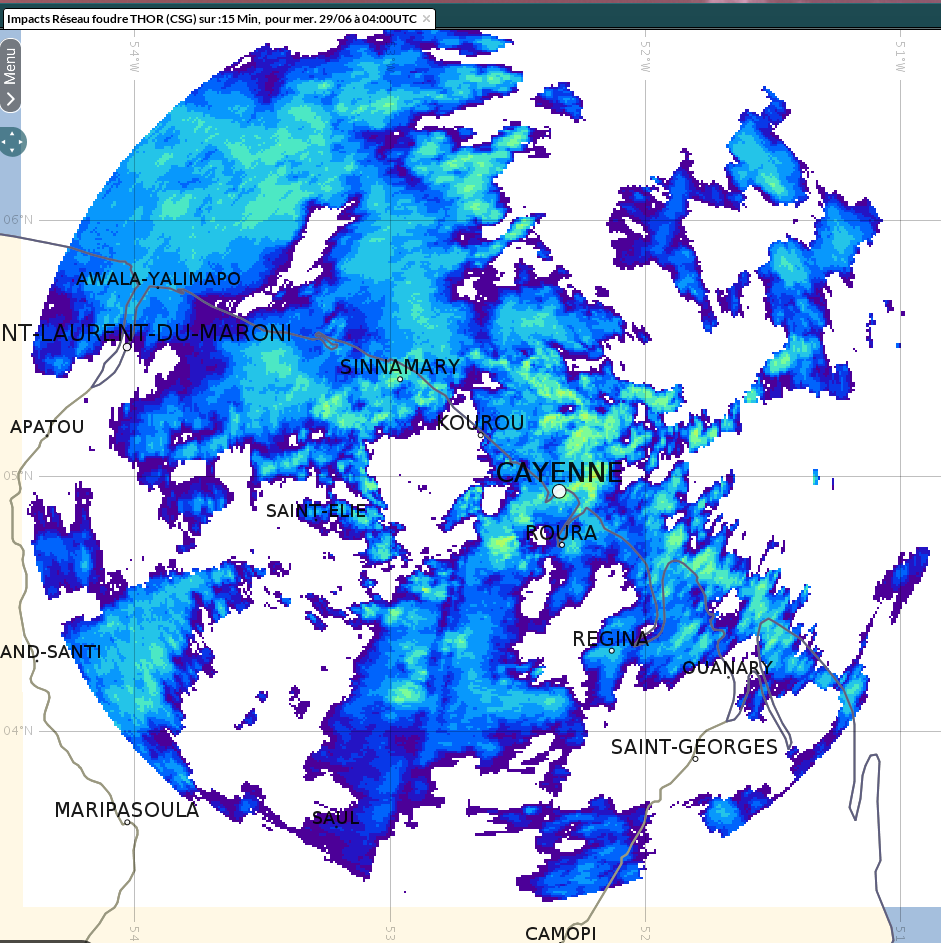 A 01 heures du matin, de nombreuses communes de Guyane sont sous la pluie.