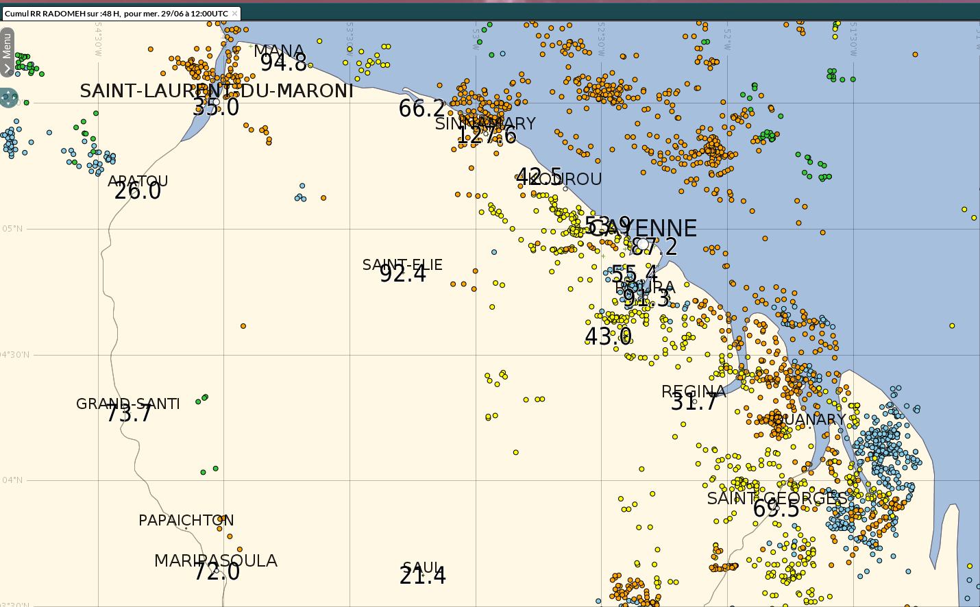 impacts orageux et cumuls de pluies relevés sur  48 heures netre lundi matin et mercredi matin