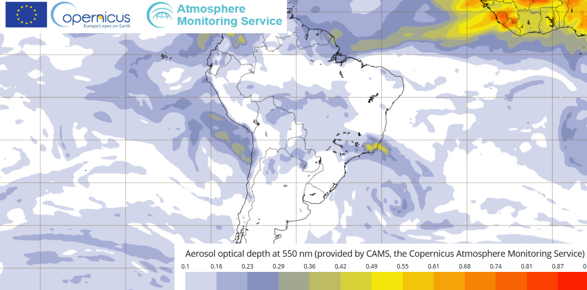Brume de poussières d'origine saharienne arrivant sur la Guyane dimanche 2 avril