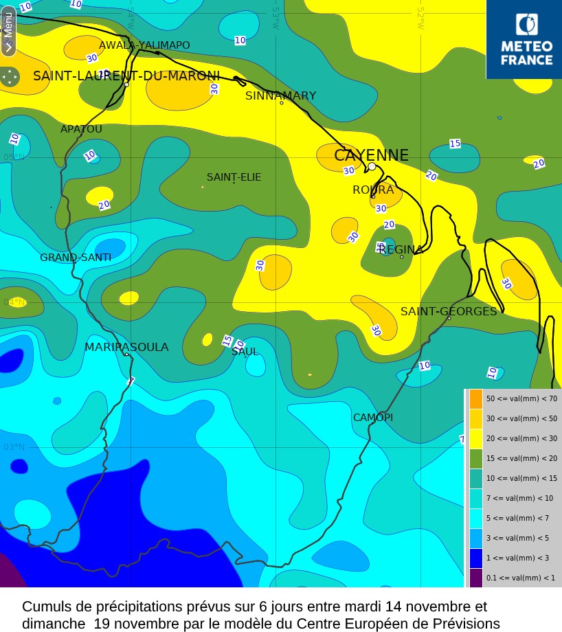Cumuls de prévus cette semaine entre mardi 14 et dimanche  19 novembre.