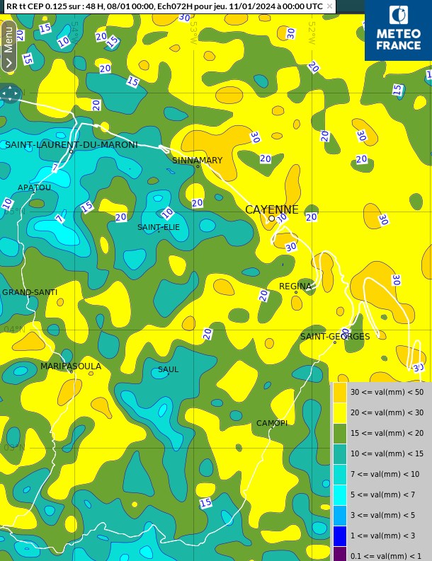 Total des cumuls pluvieux prévus sur  48 heures entre mardi  9 et mercredi 10 janvier (source: centre Européen de Prévisions)