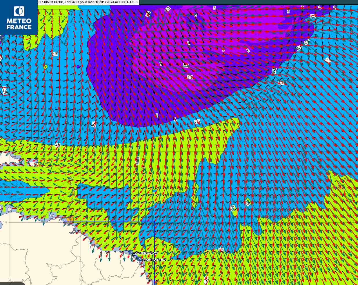 trains de houle sur l'atlantique nord prévus mercedi 10 janvier à 00hUTC)