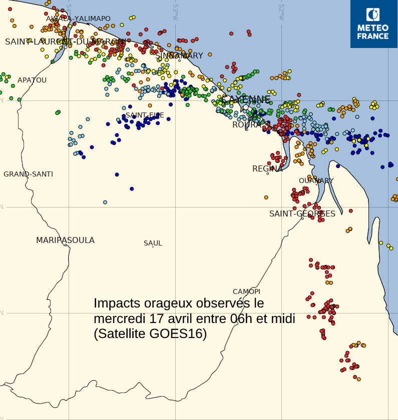 Impacts orageux relevés par le satellite GOES16 dans la matinée du 17 avril