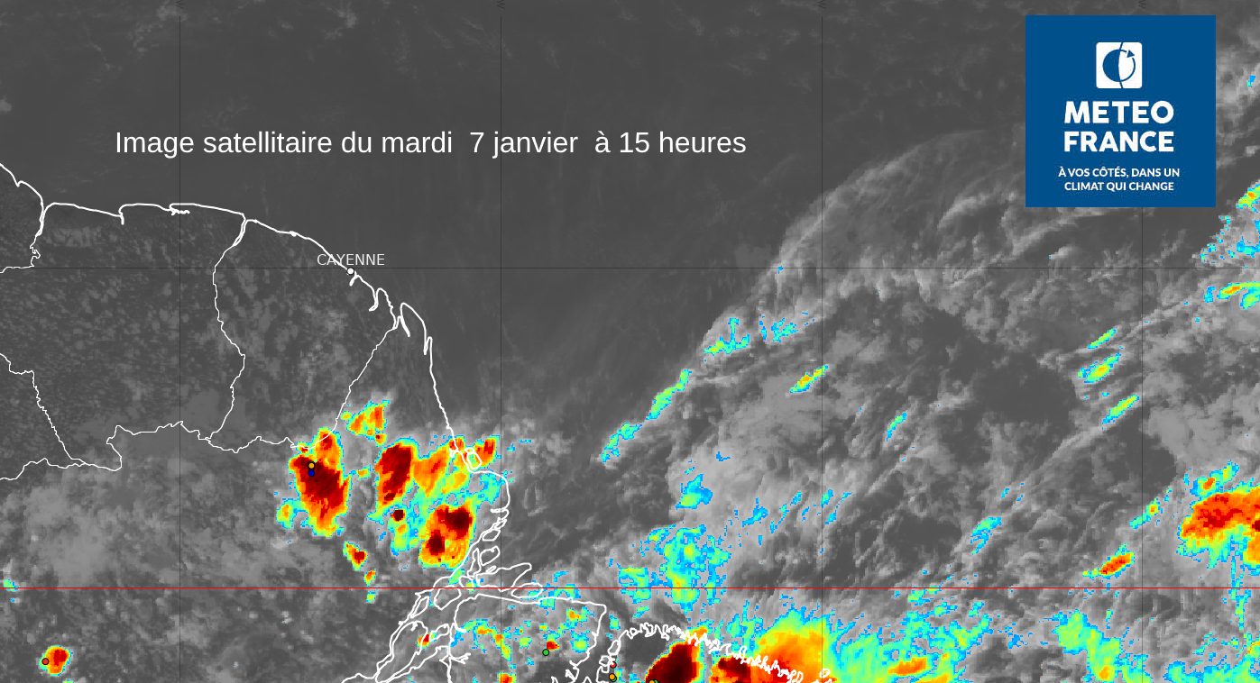 image satellitaire du mardi 7 janvier à 15 heures, le temps sec domine en Guyane, les averses circulent sur l'extrème sud du pays