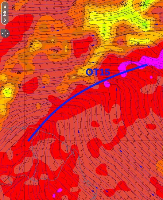 Analayse de la situation montrant l'axe de l'onde tropicale N°15 quittant la Guyane. On peut remarquer qu'à l'arrière de l'onde le vent s'riente au sud.