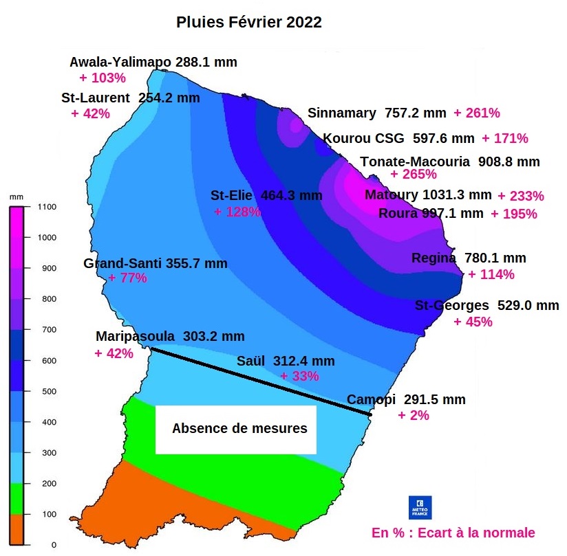 Carte de la pluviométrie du mois de février 2022
