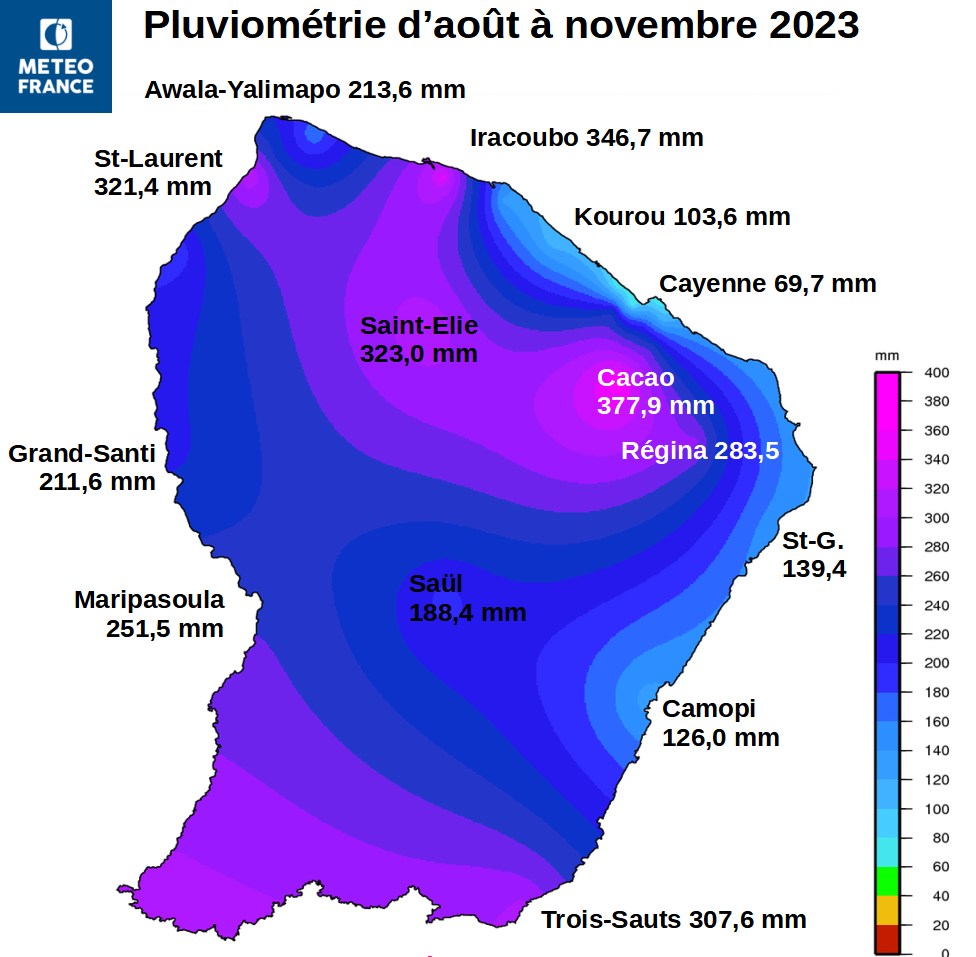Carte présentant le total de la  pluviométrie observée sur la période d'août  à  novembre  2023 à partir du réseau d'observations météorologiques de Guyane