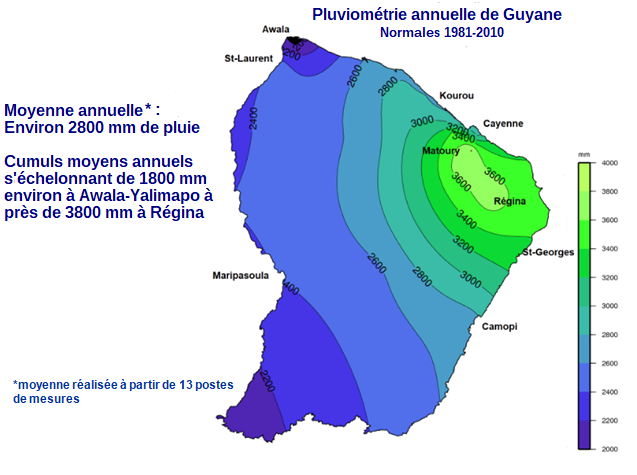 Carte de la pluiométrie moyenne annuelle en Guyane