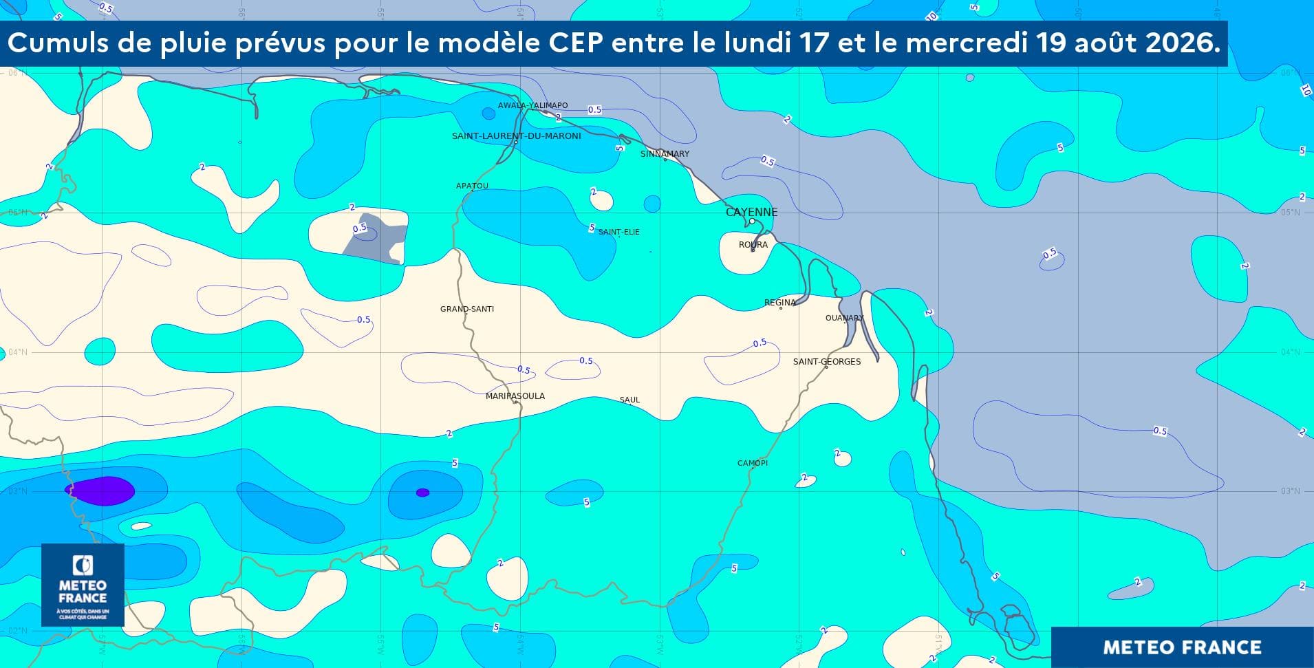 Cumuls de pluie prévus par le modèle CEP entre lundi et mercredi