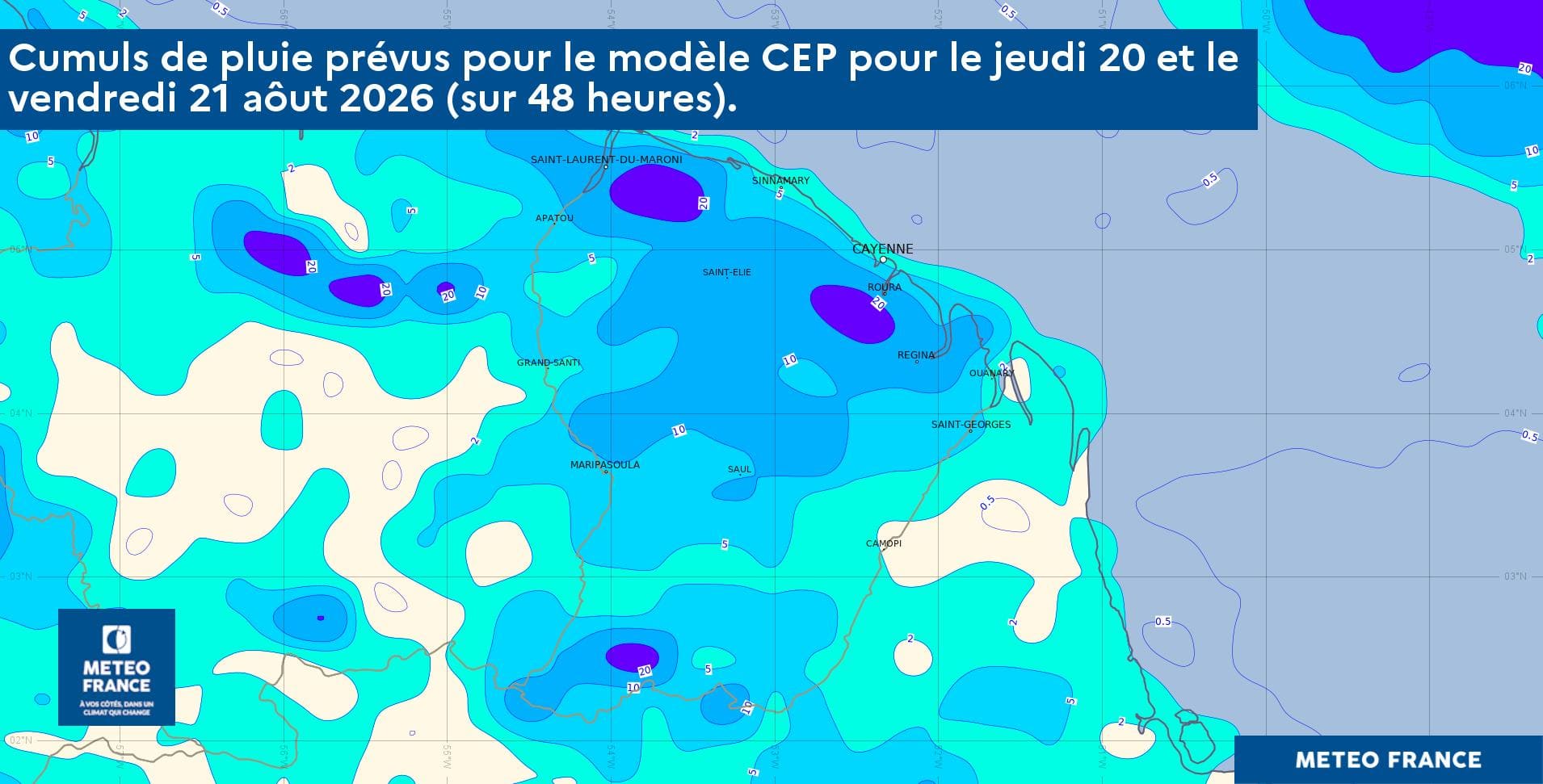Cumuls de pluie prévus par le modèle CEP entre jeudi et vendredi