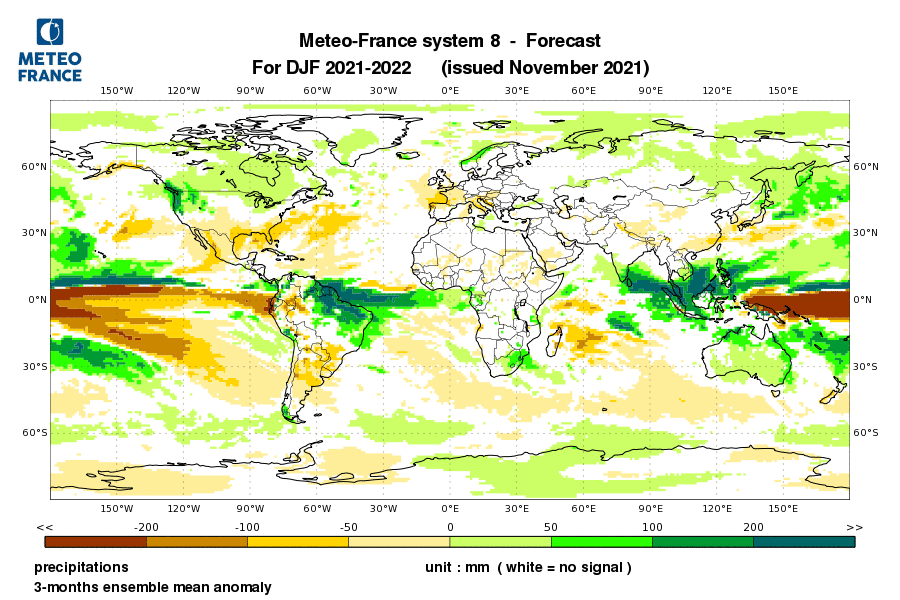 Prévisions d'anomalies de précipitations pour la période décembre, janvier février