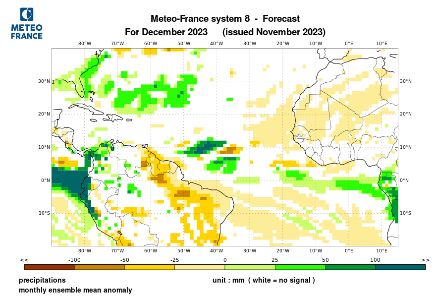 Ecart à la normales des précipitations prévu pour décembre par les modèles de prévision saisonnières de Météo-France
